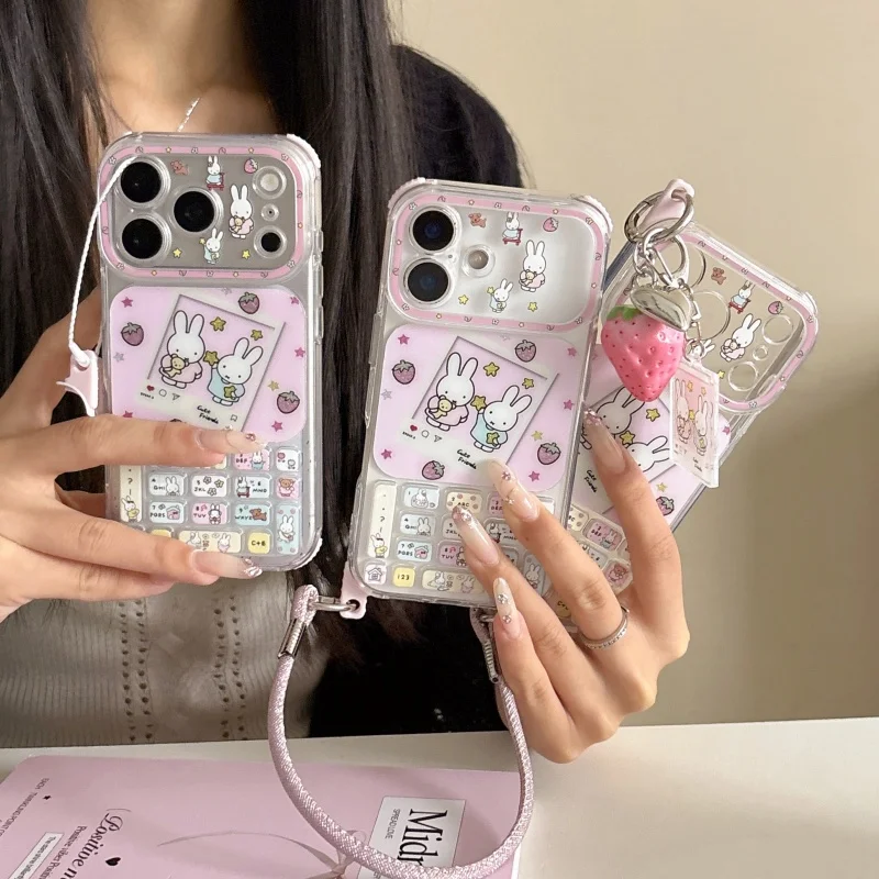 Retro Cute sweet Pink Miffy Mobile Sparkling Phone Case For iPhone 15 16 1Pro Max Miffy Y2k Strawberry pendant lanyard﻿﻿﻿﻿﻿﻿﻿﻿