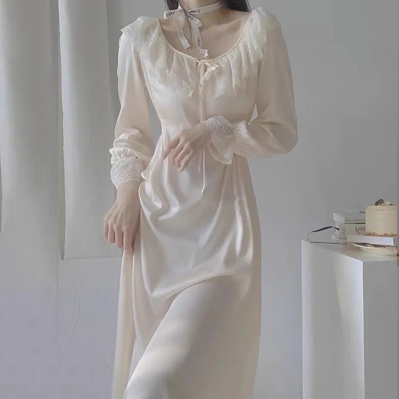 Sexy Sweet Female Long Nightdress Sleepwear Elegant Fairy Retro Palace Style Nightgown Home Dress Casual Thin Satin Loungewear