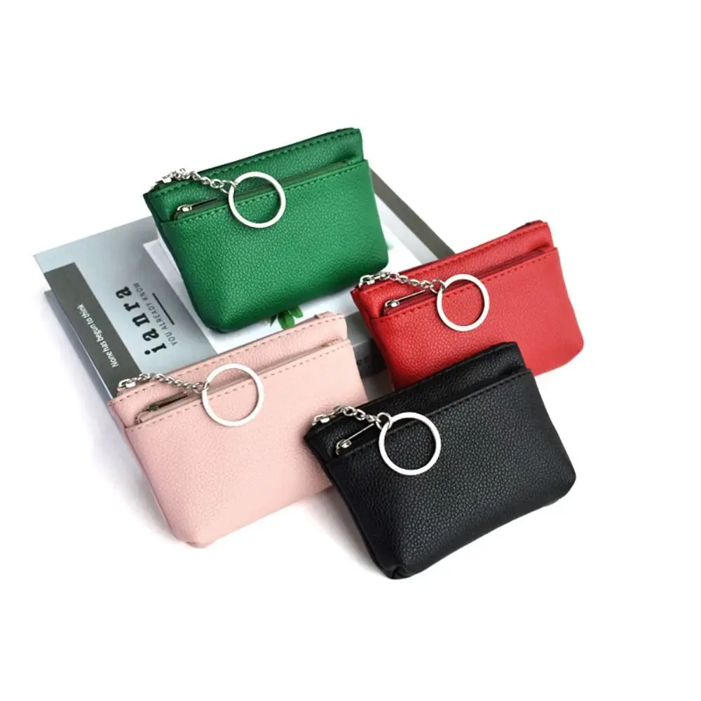 

Zipper PU Leather Coin Purse Credit Card Holder with Key Ring Mini Change Purse Card Pocket Pure Color Short Wallet Women