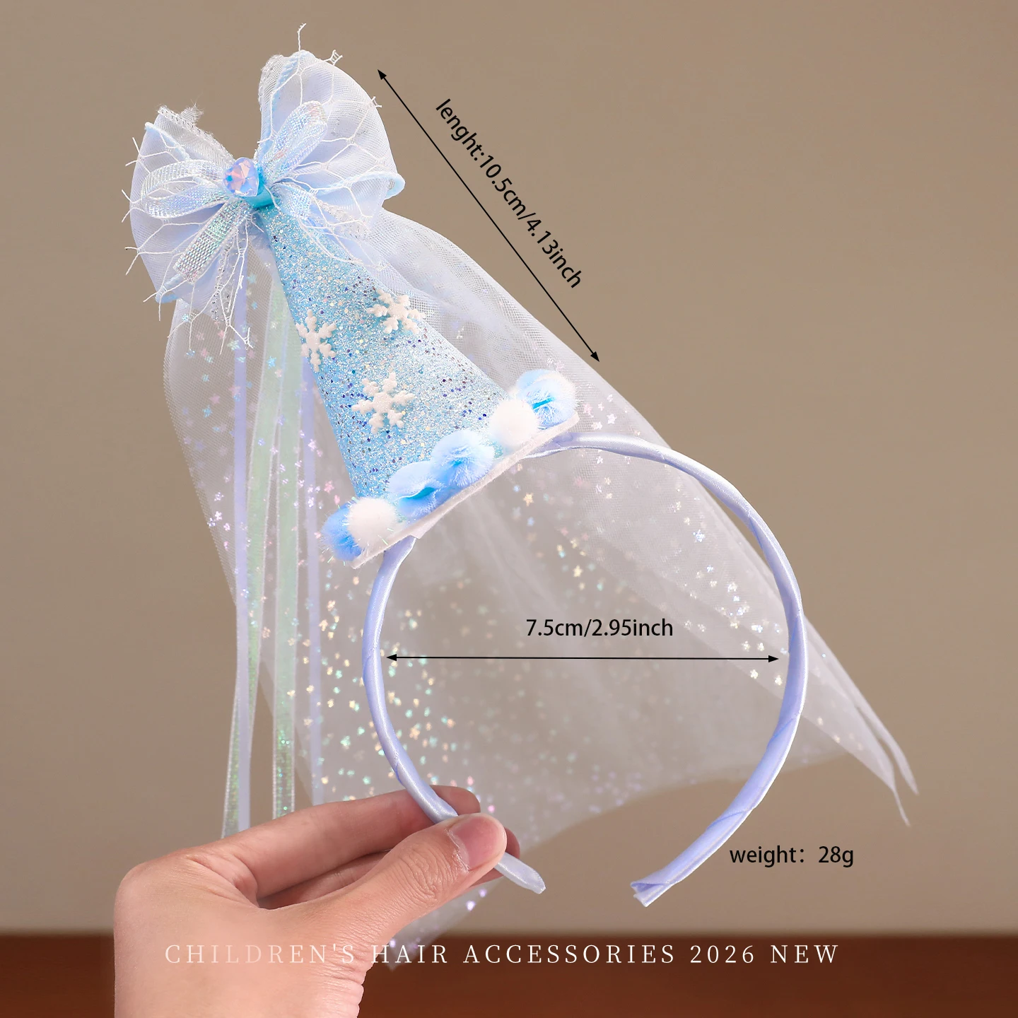 Mädchen Mini-Partyhut Stirnband Hellblau Glitzer Pompon Kegelhut Stirnbänder Schleife Schneeflocken-Dekor Tüllschleier Haarreif 2026 Winter – Detail 7