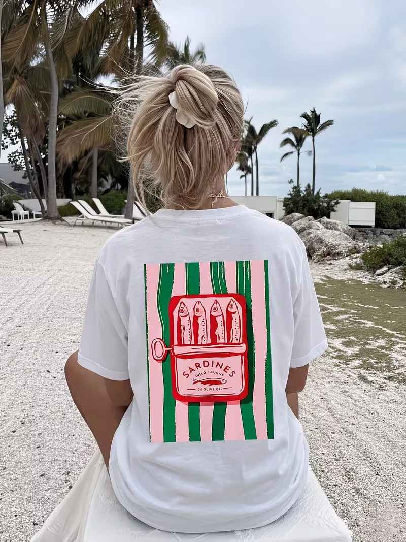 Sardines Can Retro Print & Ciao Bella Italian Summer Graphic T-Shirt Oversized Beach Vacation Tops Women Clothing Goth