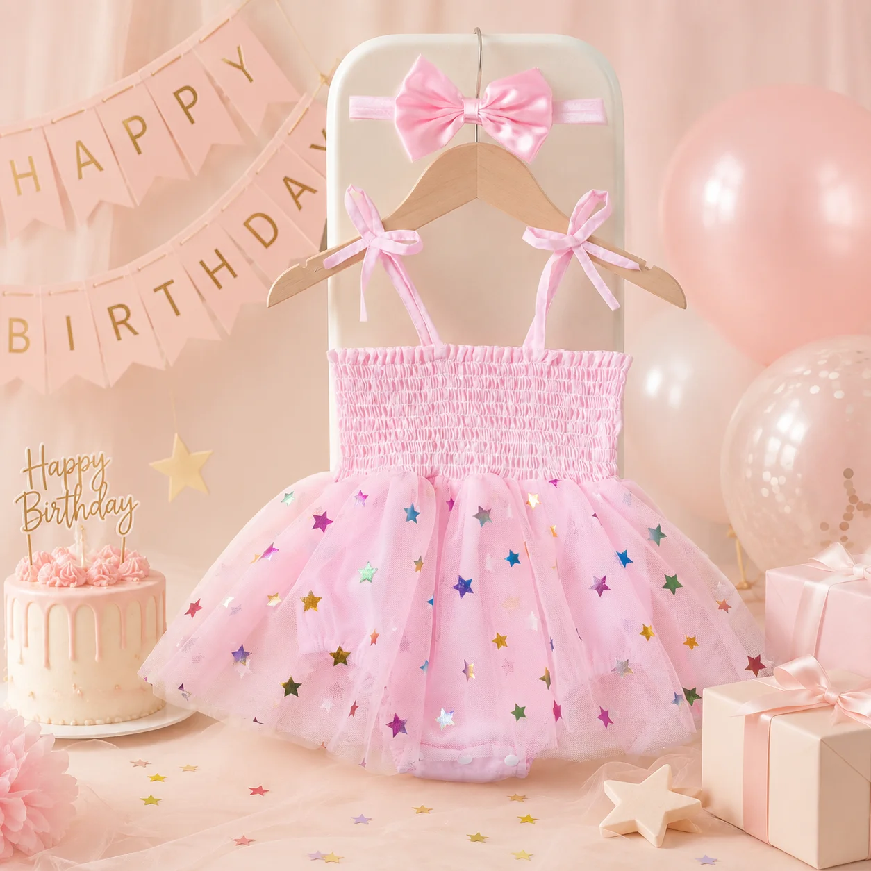 First Birthday Outfit Baby Girl Pink Smocked Romper Dress with Bow Headband Tulle Princess Party Dress Baby Photoshoot Outfit