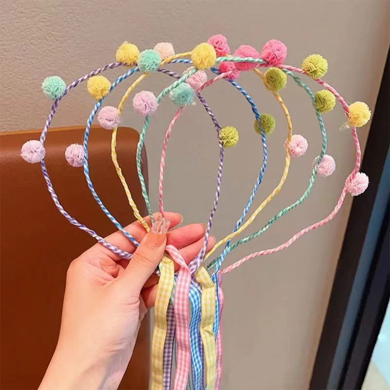 

Colorful Pom Pom Long Ribbon Thin Hairbands for Girl Spring New Style No Pressure No Hurt Head Hoop Comfortable Hair Accessories