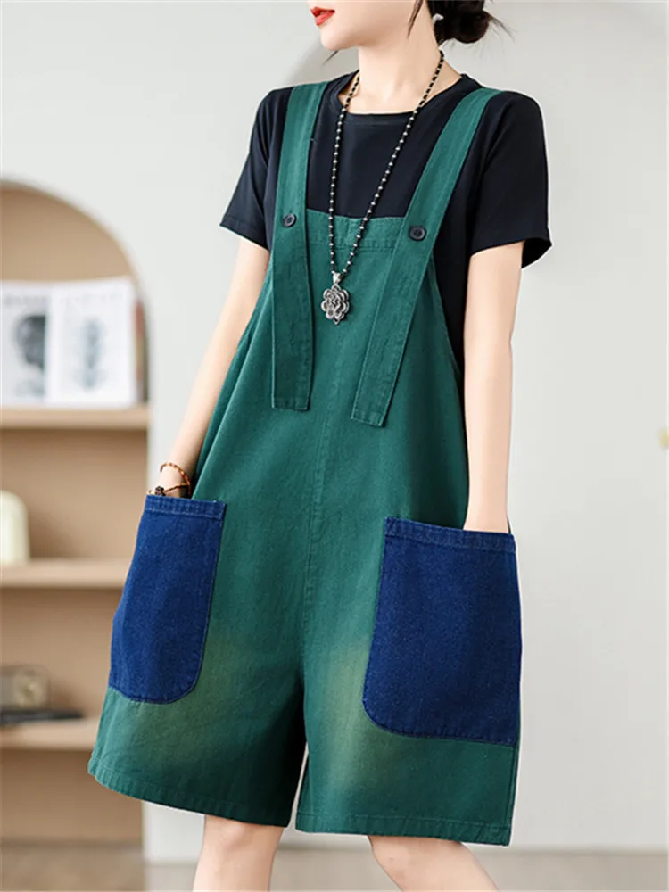 Woman Contrast Pockets Denim Button Overalls Summer New Fashion Loose Fit Wide Leg Patchwork Streetwear Knee Length Short Romper