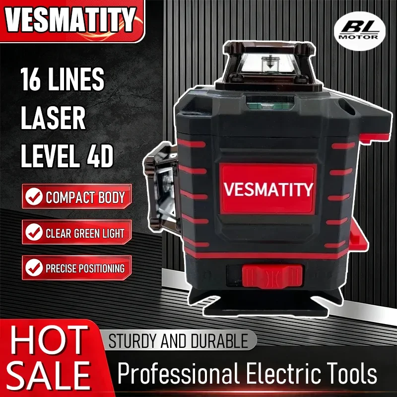 Professional grade 360 degree laser level 16 lines green beam self leveling vertical cross line 4 sides with battery