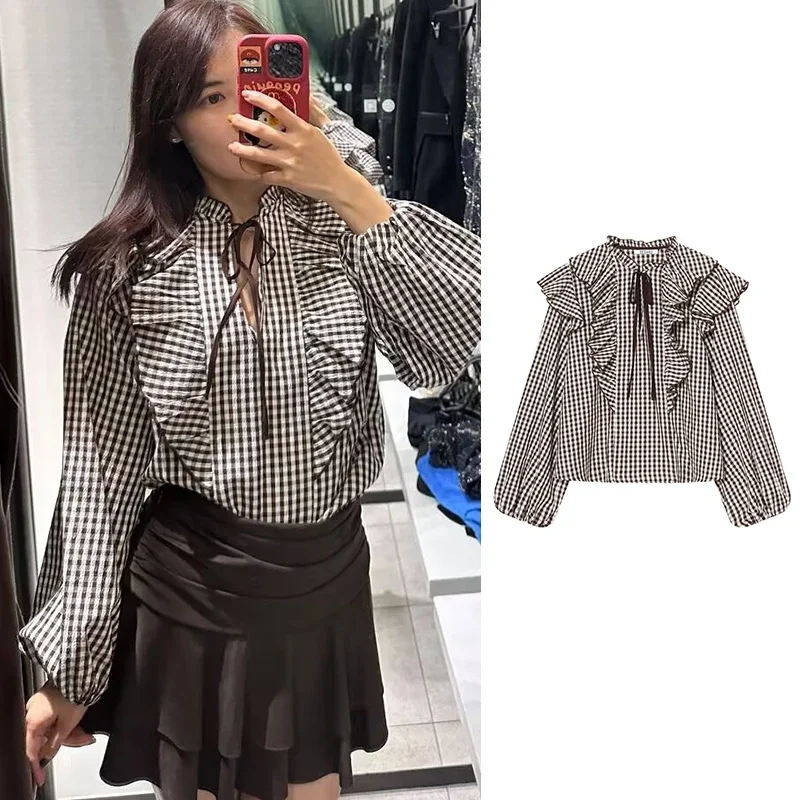 Women Ruffled Gingham Shirt with Ties Spring Summer O Neck Long Sleeve Women's Shirt & Blouses FemaleRuffle Trims Tops