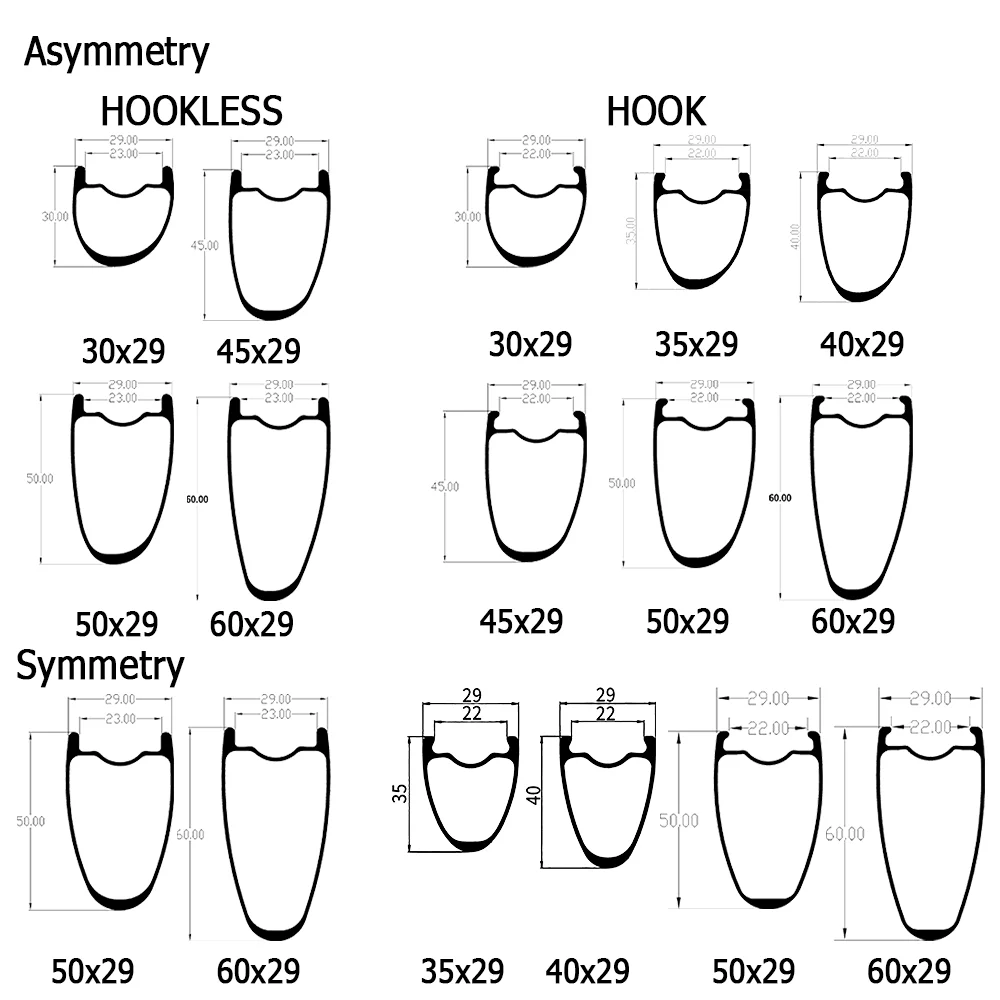 29mm Wide Clincher 700C Road Bike Carbon Rim 30/35/40/45/50/60mm Depth Bicycle Wheel UD 3K Hook Hookless Symmetric Asymmetric