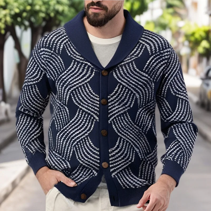 

Spring Autumn 2025 New Fashion Men's Navy Casual Trendy Turn-down Collar Long Sleeve Vintage Breasted Knitted Sweater Coat Male
