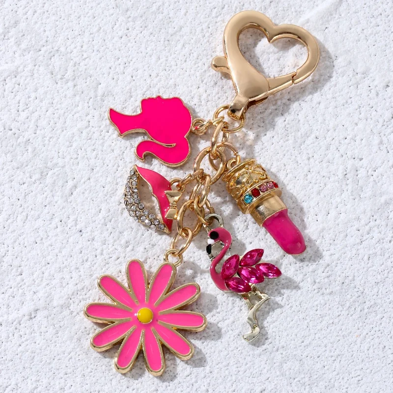 جميلة روز الأحمر حقيبة الشفاه طيور النحام أحمر الشفاه المينا المفاتيح جميل القلب الحيوانات حلقة رئيسية للنساء الفتيات اليدوية طقم مجوهرات #5