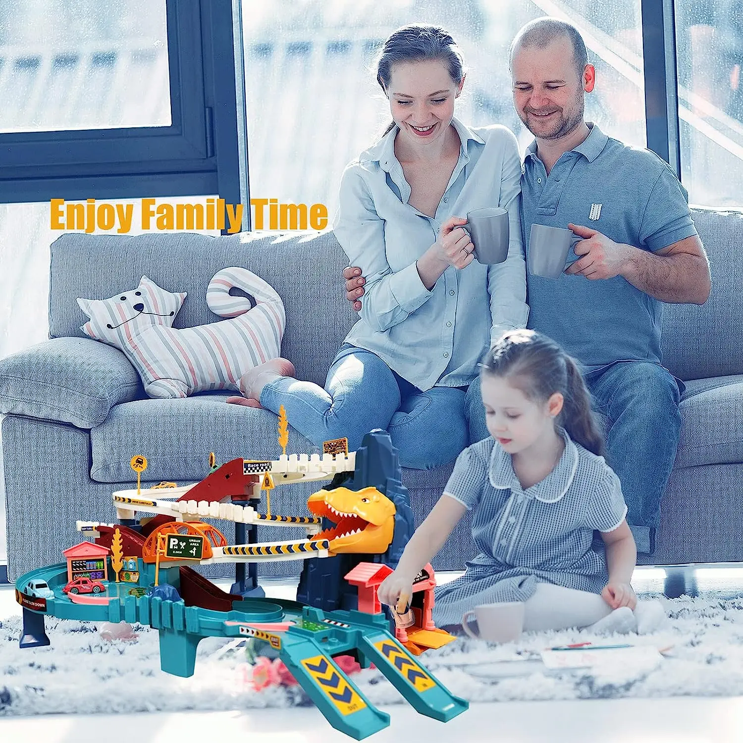 Toy Car Ramp Track Dinosaur Climbing Hills Railcar Vehicles Construction Play Set with Racer Cars Track for Preschool Gifts