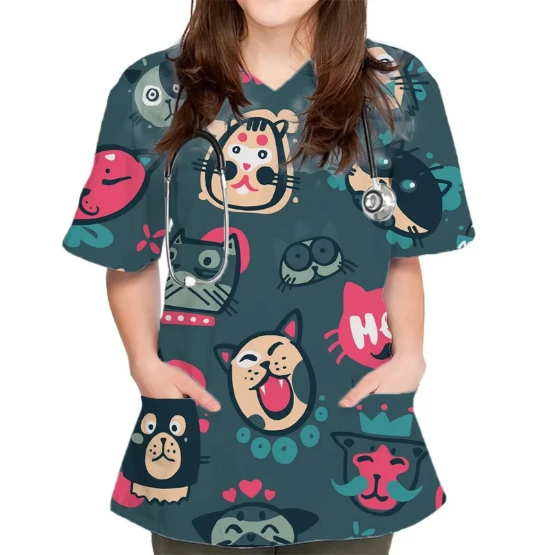 PrintingVElastic breathable collar for womenTShirt Skin-friendly slightly elastic durable versatile casual top nurse uniform