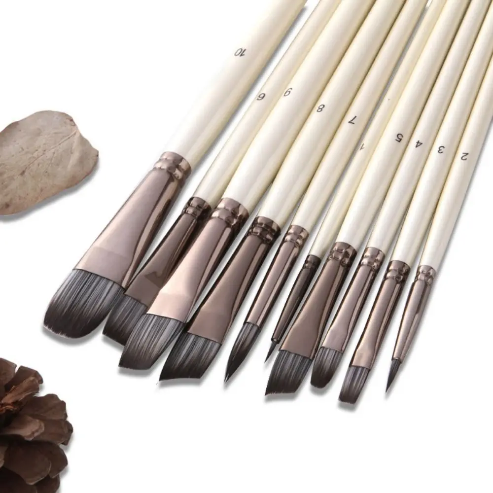 10pcs/set Nylon Hair Paint Brushes Set Professional Wooden Handle Acrylic Oil Brushes White Multifunctional