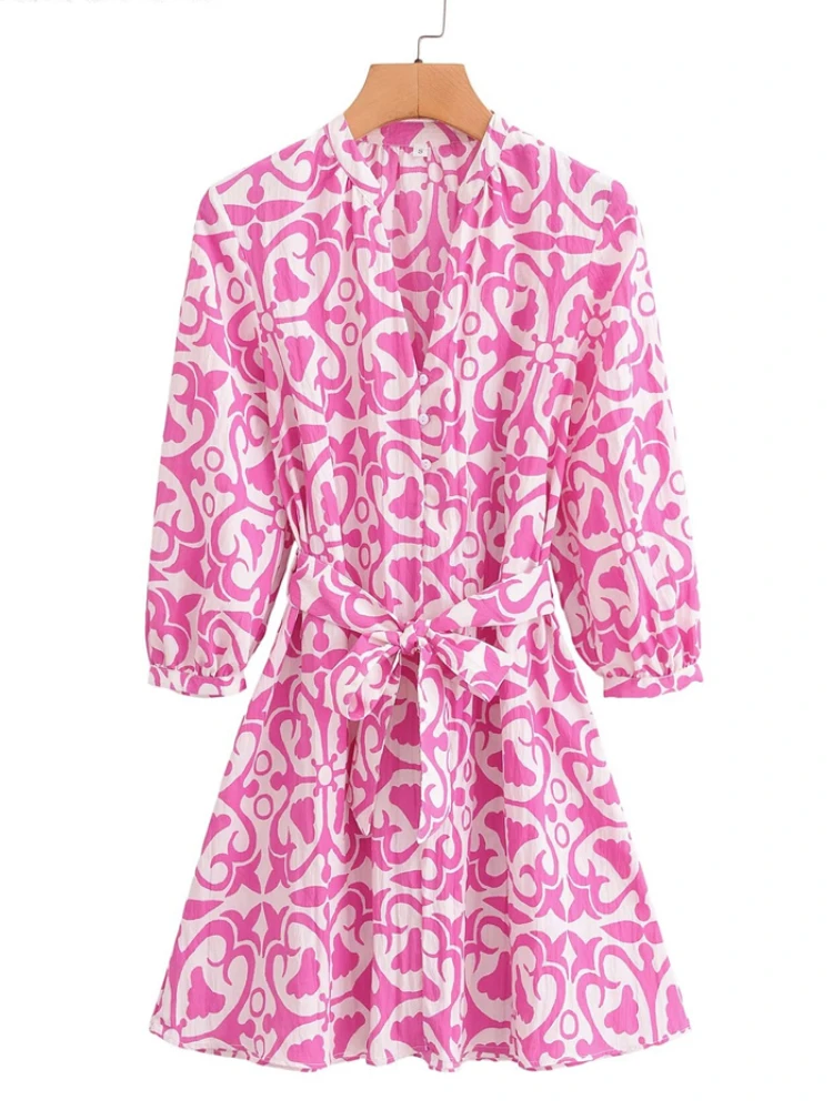 

Женское винтажное мини-платье-рубашка с V-образным вырезом и цветочным принтом