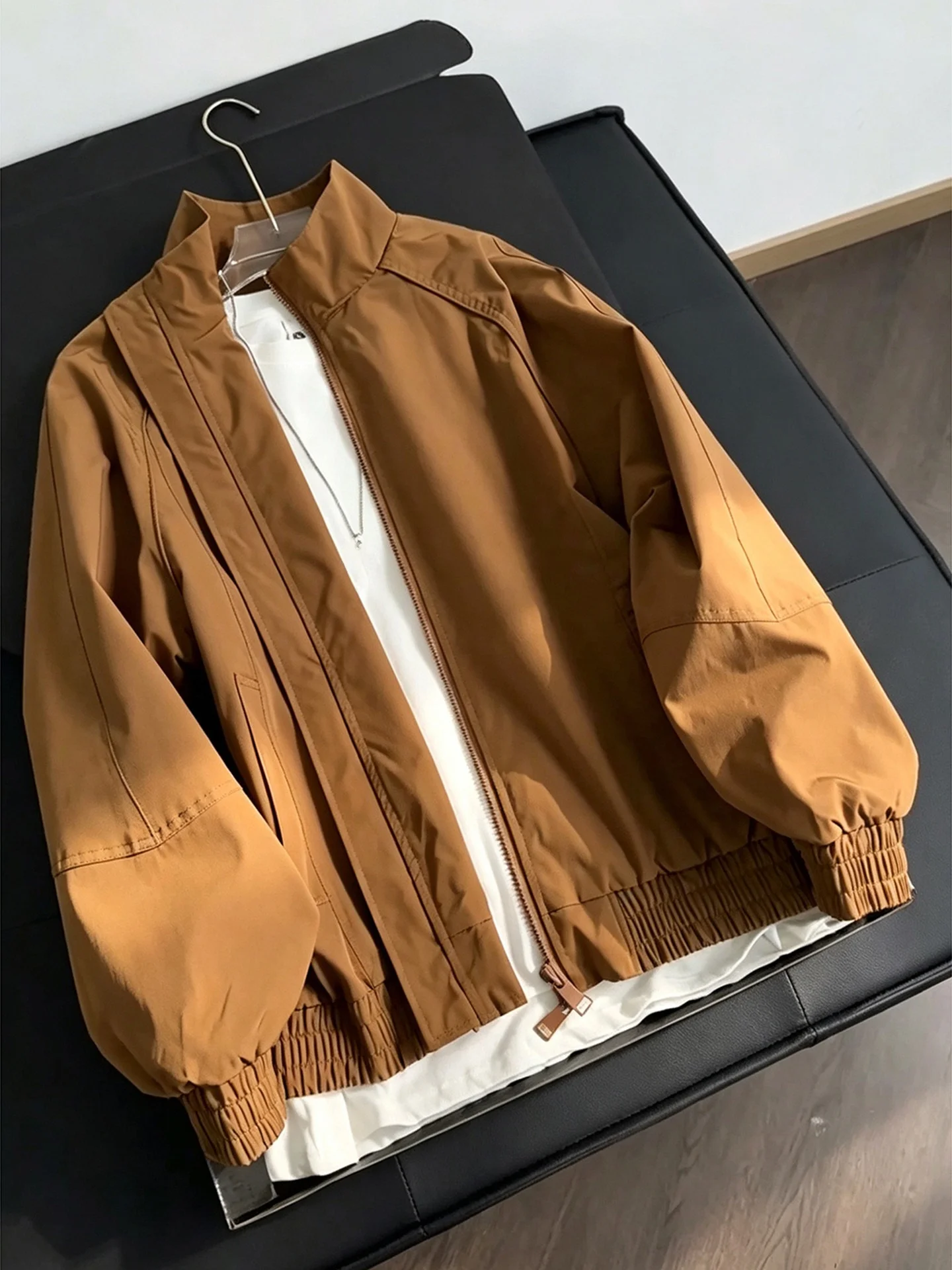 Cleanfit Brown Flight Jacket Men's Fashionable Short Coat Baseball Style Autumn Spring Outerwear Casual Loose Fit Jeans