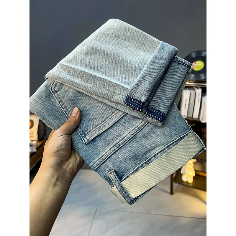 Spring and Summer 2024 New Narrow Slim Straight Light Blue Skinny Jeans Men's Casual Trendy High-End Trousers