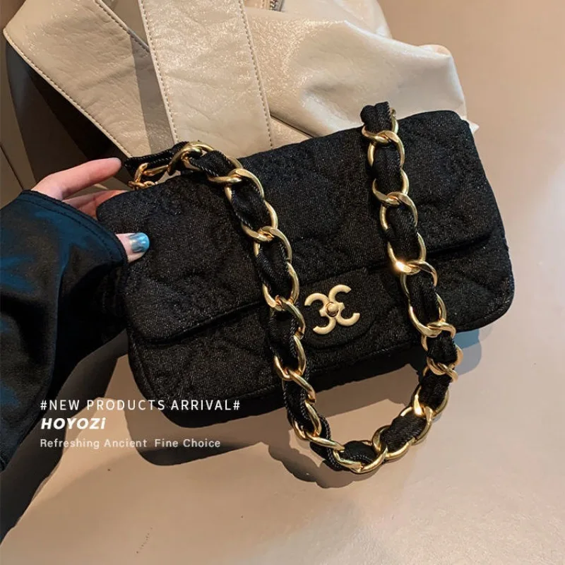 Niche Baguette Bag, Underarm Shoulder Bag, Handbag, Women\'s 2023 New Denim Chain Crossbody Bag, Popular High-end Texture