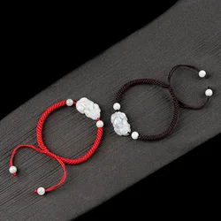 Natural Myanmar A Jadeite Pixiu Hand Rope Women's Hand Woven Jade Beads Bracelet Life Year Red Men's Jewelry Drop Shipping