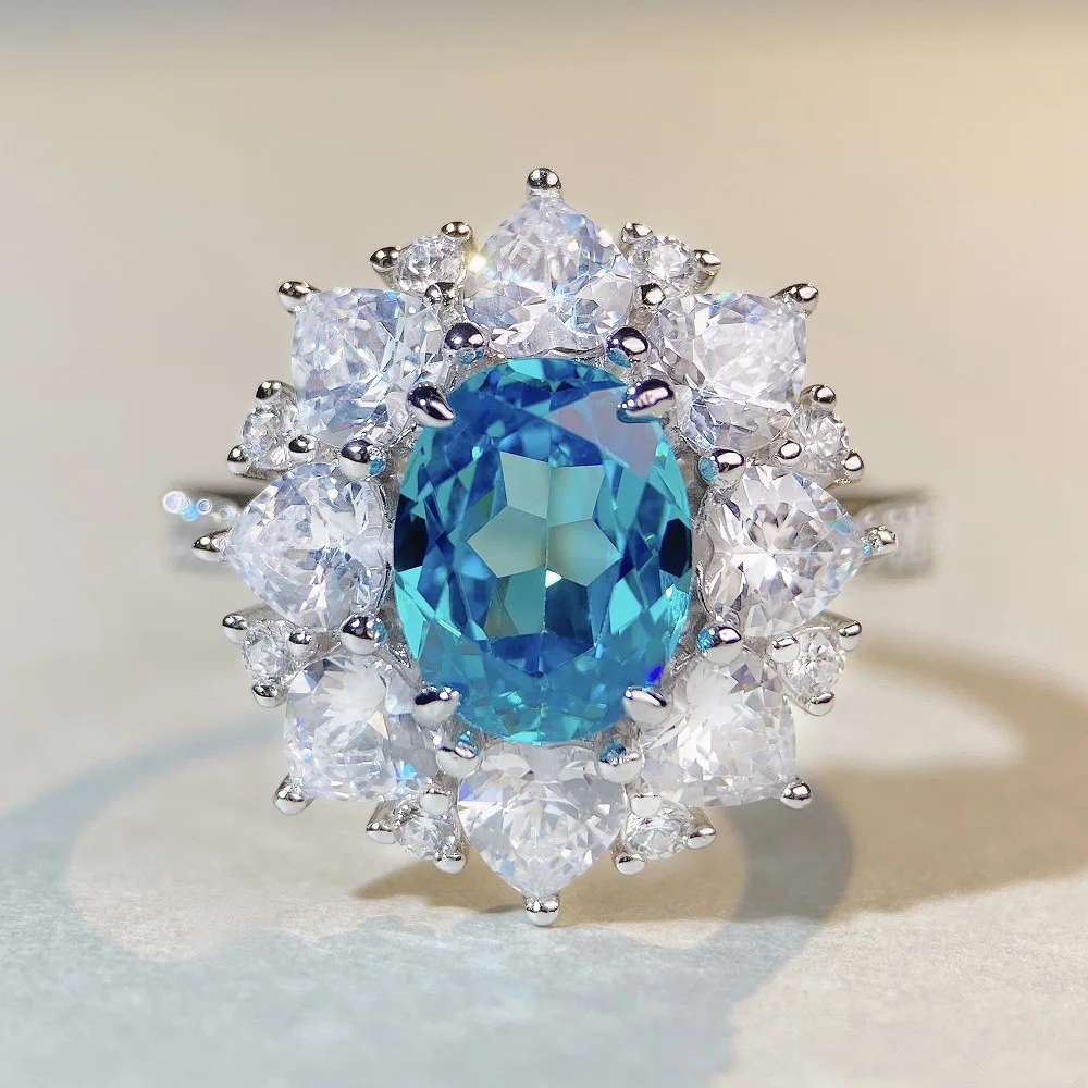 

Mylux Jewelry Luxury Solid Platinum PT950 Aquamarine Ring Women's Full Diamond Inlaid Moissanite Diamond Ring