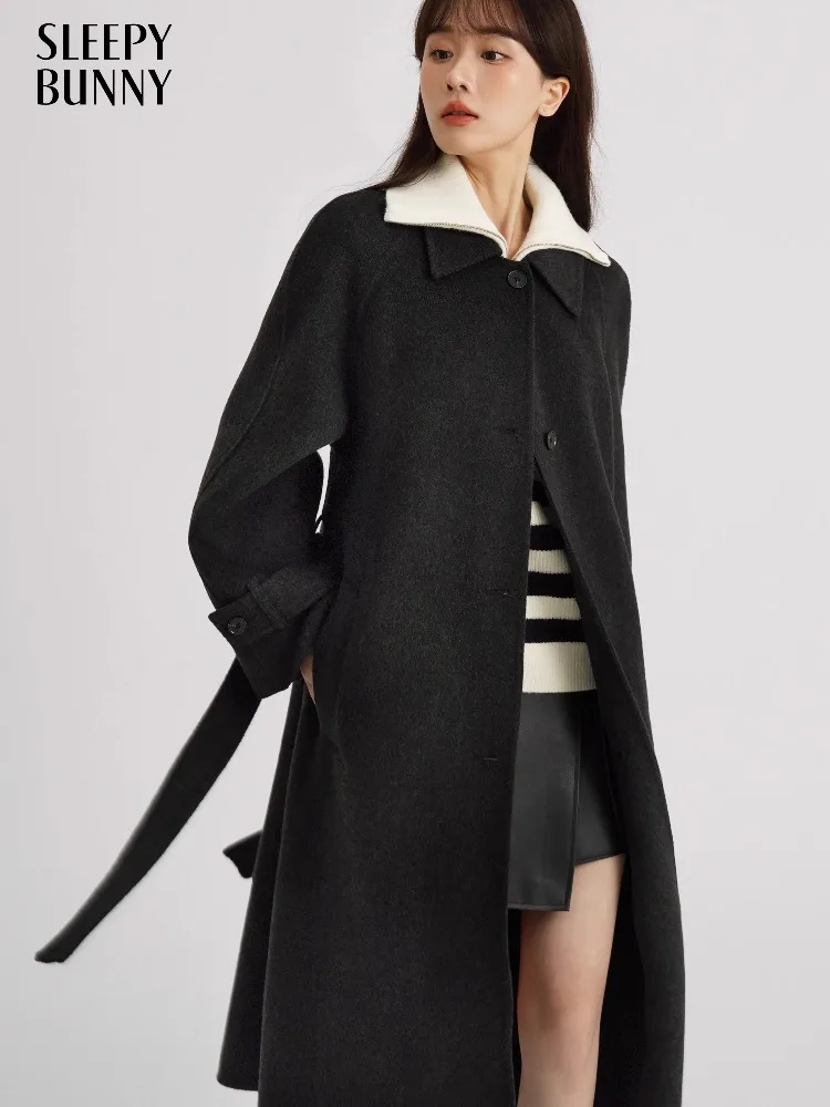 

Vintage Wool-Like Overcoat Mid Long Winter Warm Coat Women Lapel Collar Elegant Waist Outerwear Classic Windproof Fashion Jacket
