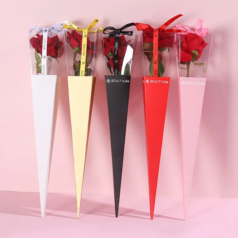 Triangular Cone Shaped Rose Flower Box Single Floral Bouquet Packing Valentine's Day Girlfriend Gift Mother's Birthday Present