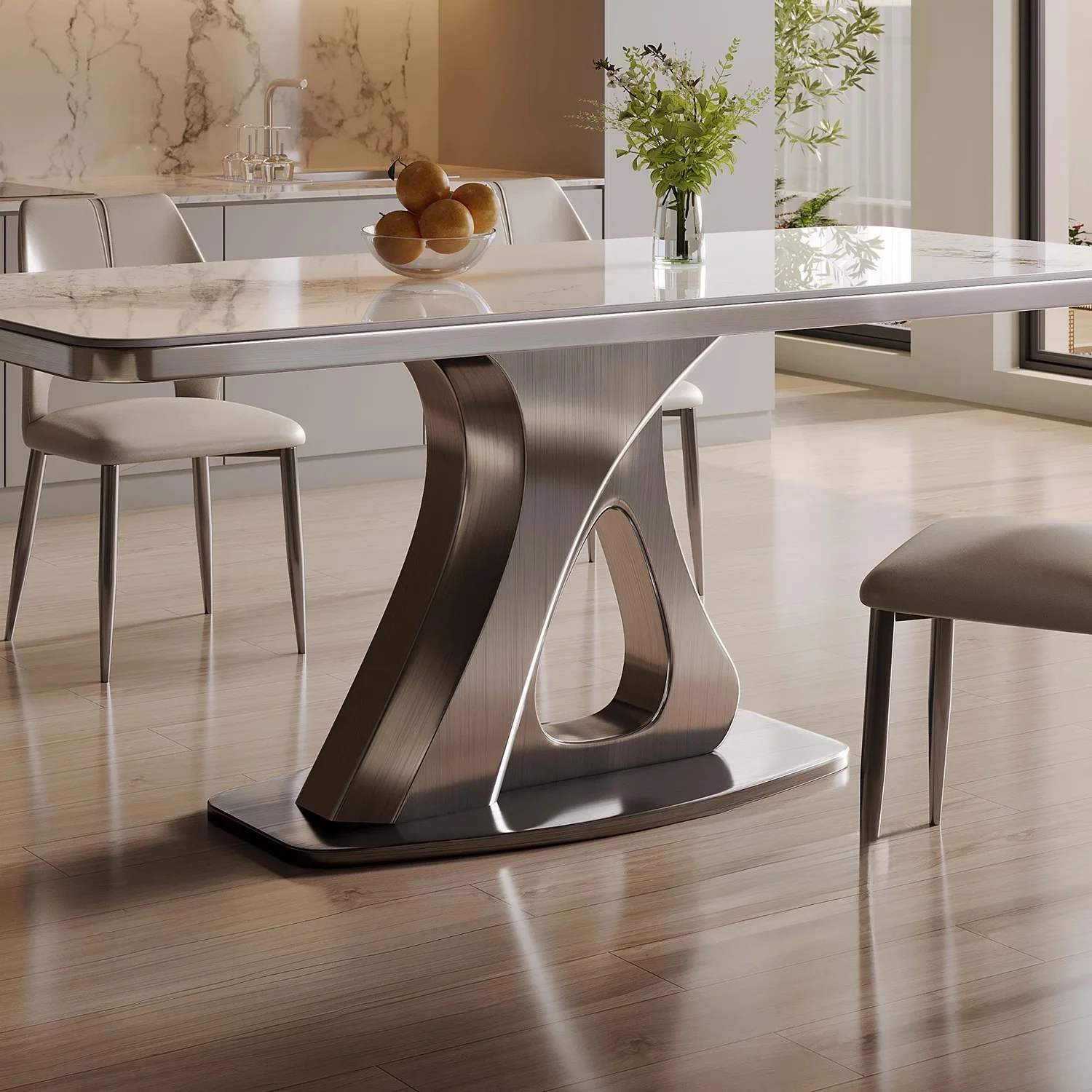 ae-2026 New High-End Designer Square Sintered Stone Dining Table Stainless Steel Frame Modern Minimalist Adjustable Living Room