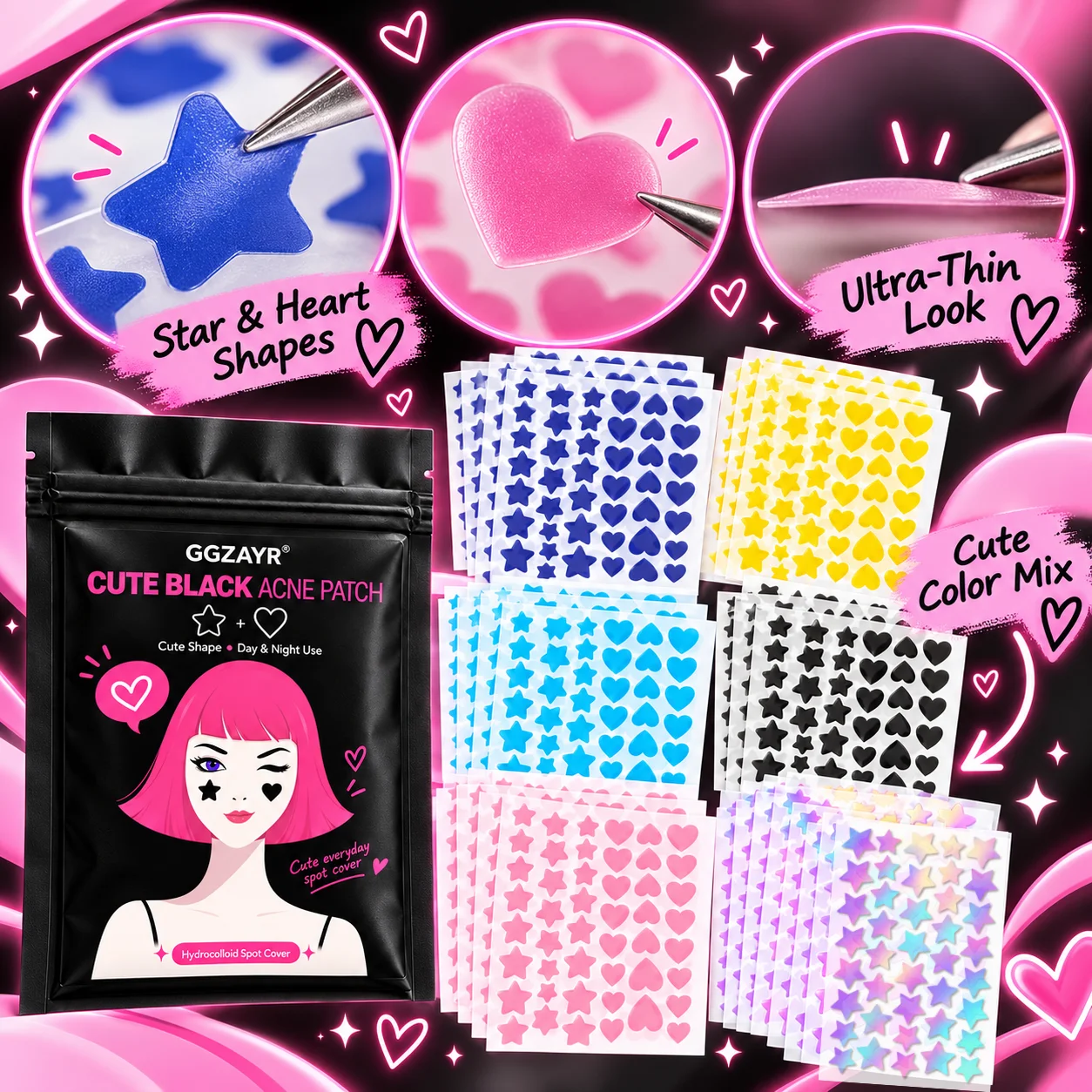 885PCS Colorful Star Heart Pimple Patches, Hydrocolloid Cute Shape Spot Cover Stickers, Fun Beauty Accessories for Girls