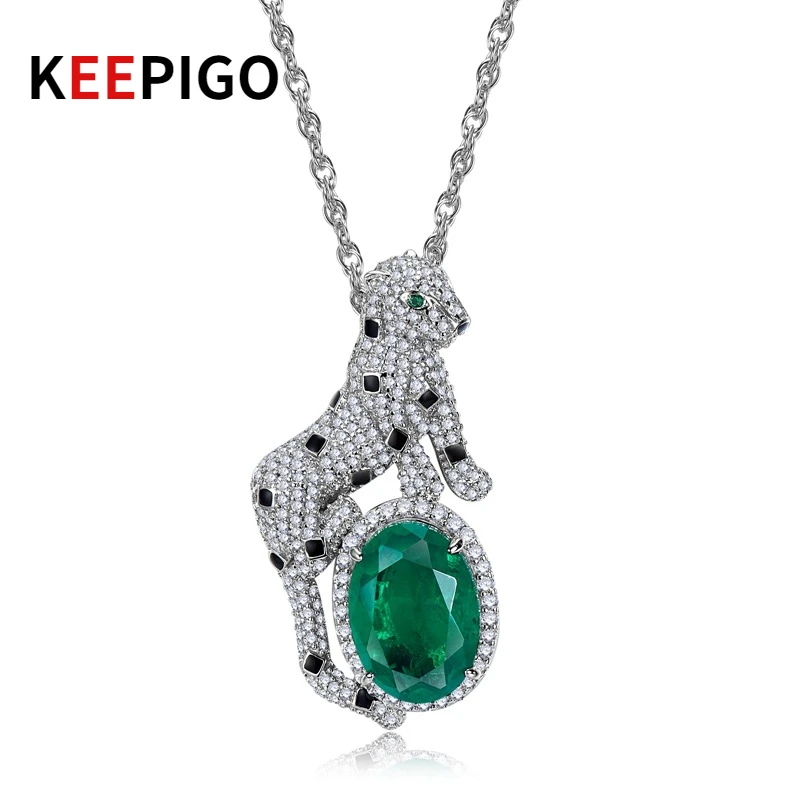 KEEPIGO S925 Sterling Silver Sparkling Leopard High Quality 10*14mm Synthetic Emerald Pendant Necklaces Fine Jewelry Gifts RA214