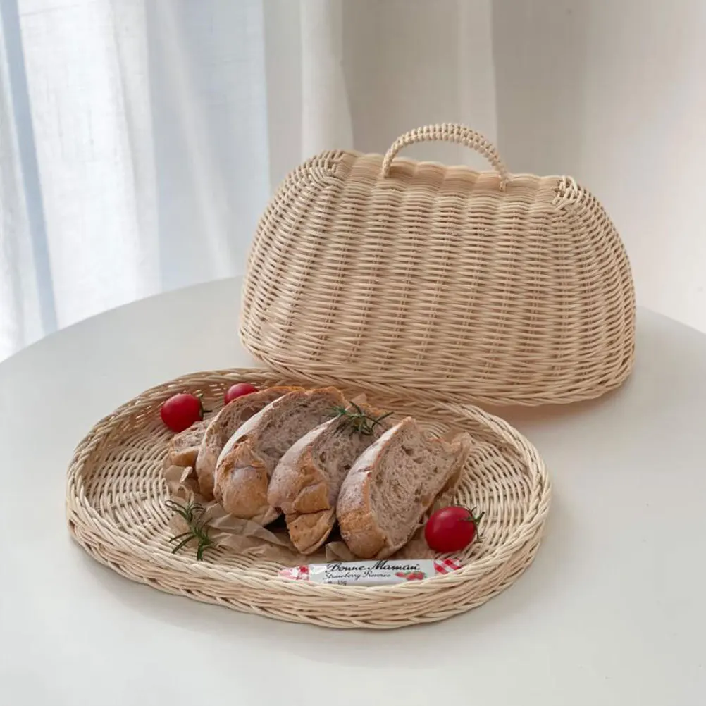 

1 Set Rattan Food Cover Khaki Handmade Fruit Bread Storage Tray Kitchen Accessory Insect Proof Protective Cover Rattan Basket