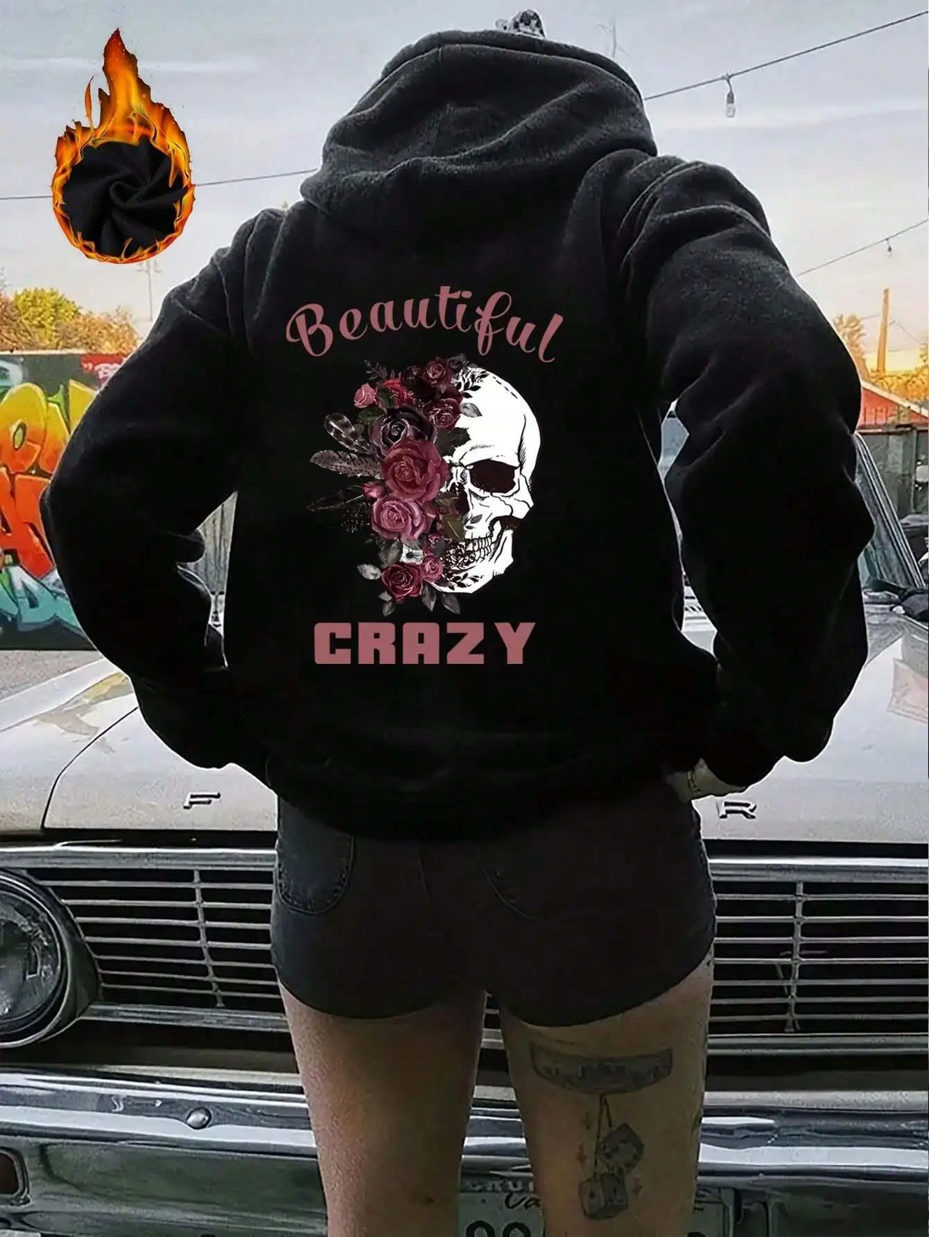 Piękne bluzy z nadrukiem szalonej czaszki i kwiatów Street Women Bluzy z polaru Ciepłe swetry Crewneck Luźne ubrania damskie