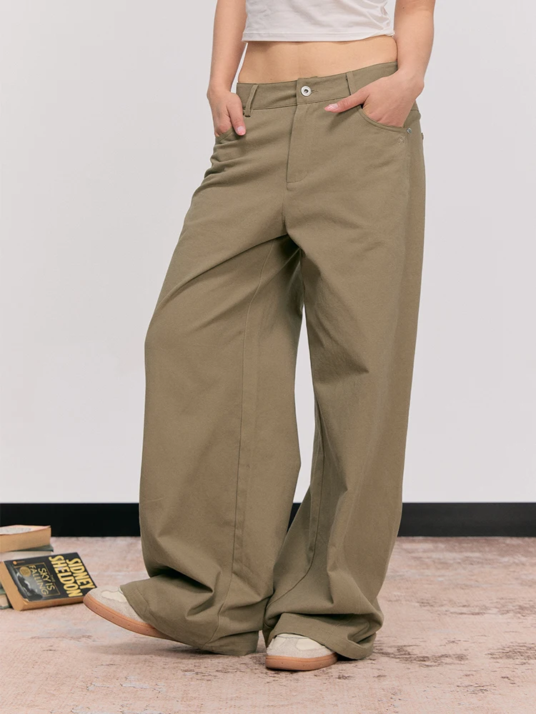 

Heyabc American Retro Khaki Casual Pants Women's Loose Straight Leg Floor-Length Trousers Draping Style Youthful Cotton