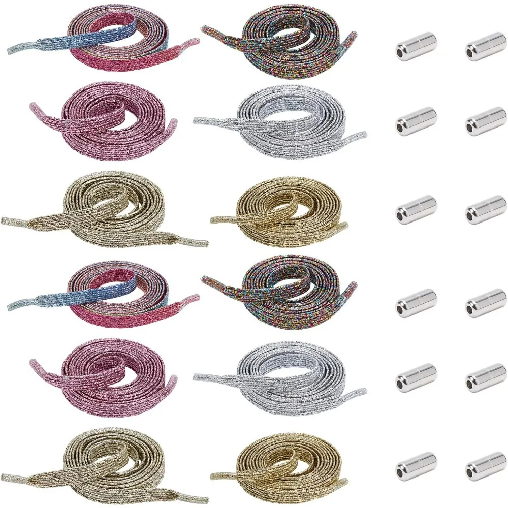 24pcs Glitter Shoelace 6 Color 37 Inch Flat Shoelaces No Tie Elastic Shoelaces Sneaker Shoe String with Shoe Laces Lock