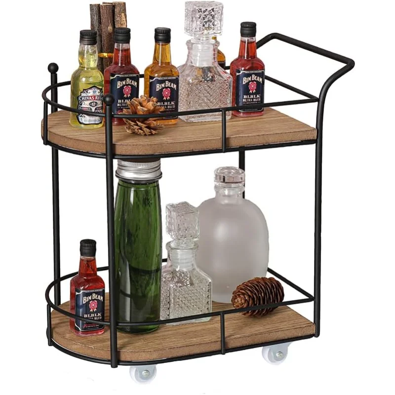 

Two-Tier Matte Black Metal Wire/Wood Coffee Bar Cart - Mini Rolling Utility Cart Tiered Tray - for Coffee Bar Table Organizer,Ho