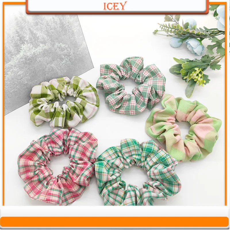 1pc Green Hair Ties Plaid Scrunchie Intestinal Ring Headbands Fabric Headwear Hair Accessories