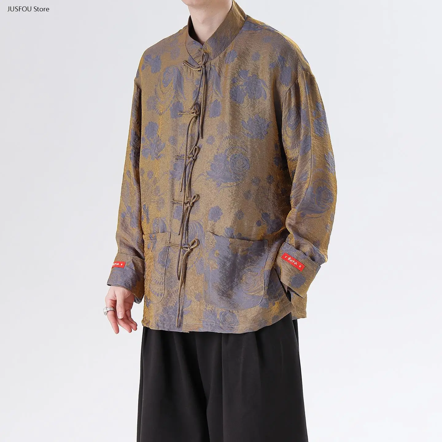 2026 Men Chinese Traditional Snail Rose Jacquard Stand Collar Frog Buttons Plus Size Loose Long Sleeve Tang Suit Coat