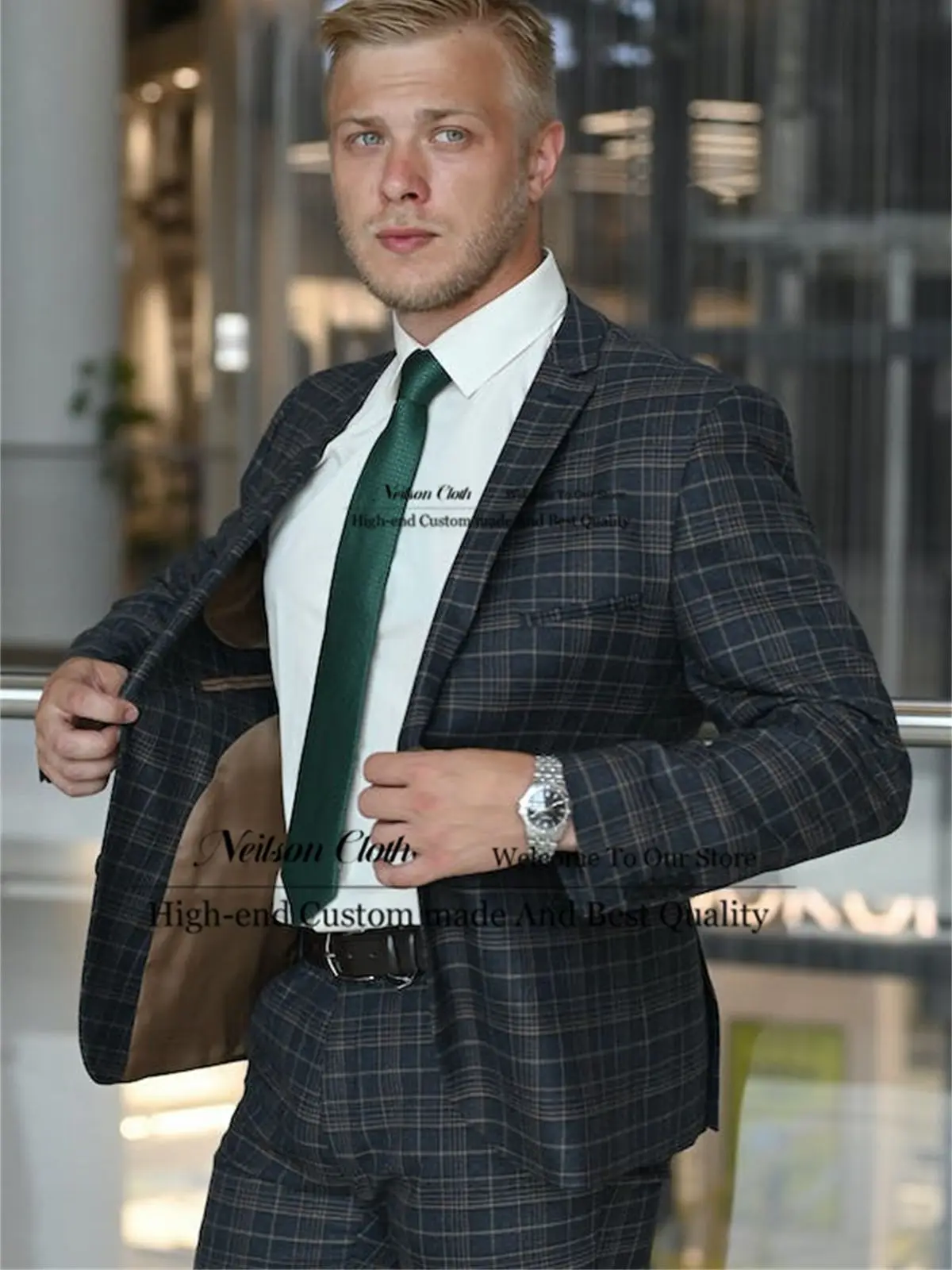 

Formal Black Plaid Men Suits Notched Lapel Male Prom Blazers 2 Pieces Sets Groom Wedding Tuxedos Slim Fit Business Costume Homme