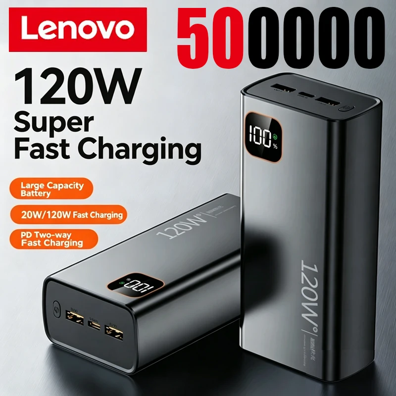 Lenovo 120W Power Bank 500000mAh High Capacity Fast Charging Portable Big Battery Charger For iPhone Samsung Huawei Google Redmi