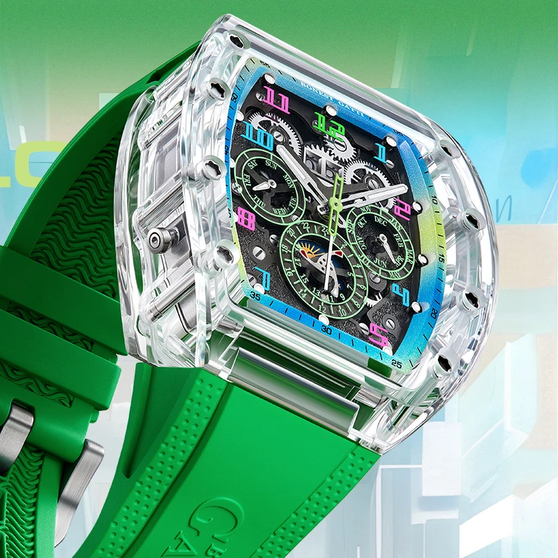 BONEST GATTI Men's Automatic Mechanical Watch with Crystal Glass CaseLuminous Rubber Strap Multi-Function Dial Luxury Wristwatch