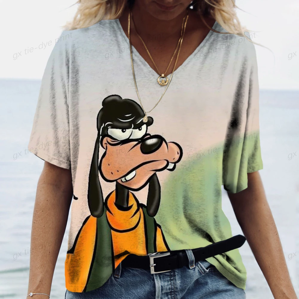 Fun 3DDisney Goofy Printed T-shirt Women's Fashion V-neck Short Sleeved Top Summer Hot Selling Women's Street Trend Loose T-shir