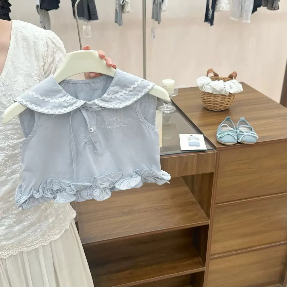 Korean version sweet and cute style girl's summer new style western-style navy collar bow wooden ear skirt two-piece set