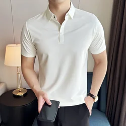 Men Polo Shirt 2024 Summer New Ice Silk Lightweight traceless Solid Casual Elastic Slim Fit Short Sleeved T-shirt Men Clothing