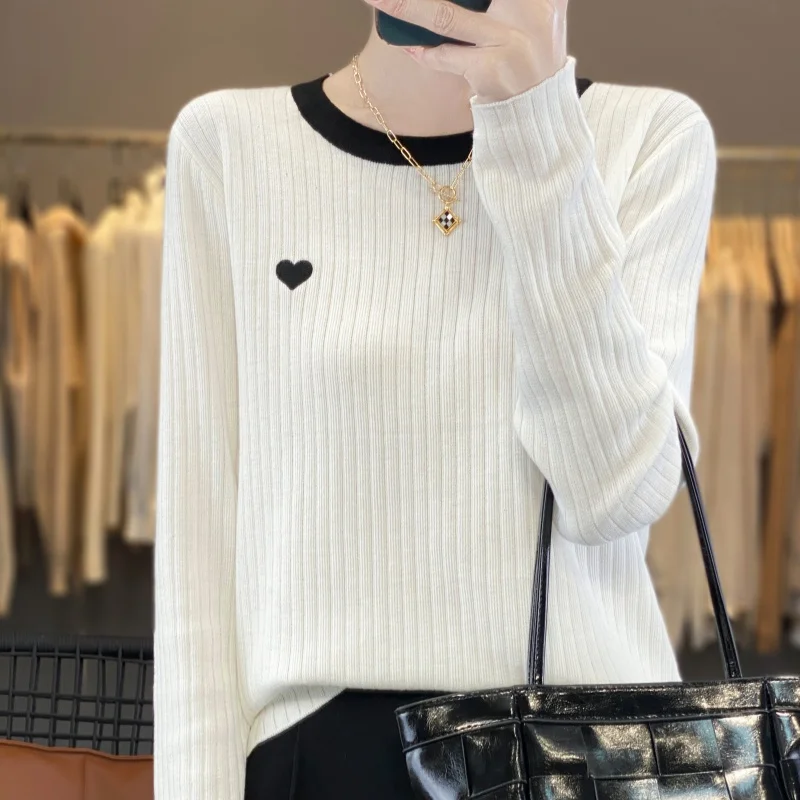 Women\'s Pullover Autumn/Winter 100% Wool Sweater Stitching Casual Knit Sweater Round Neck Tops Ladies Clothes Embroidery Blouse