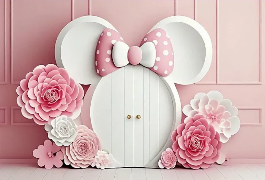 Minnie Mouse Birthday Backdrop Cartoon Pink Girl Princess Baby Shower Newborn Party Decoration Customize Background Photocall