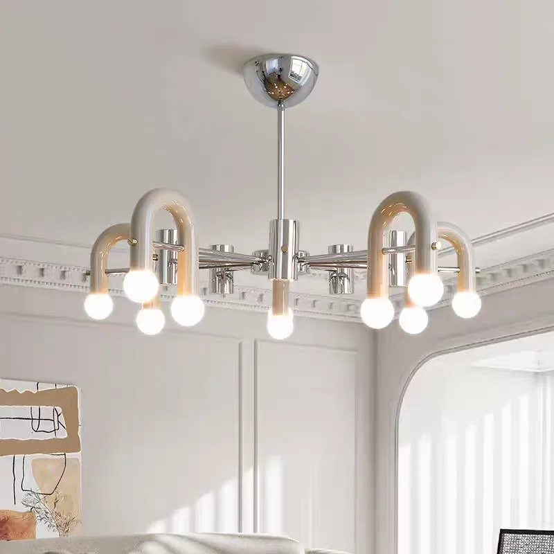 Minimalist designer model room, macaron U chandelier, bedroom, simple personality, art, children