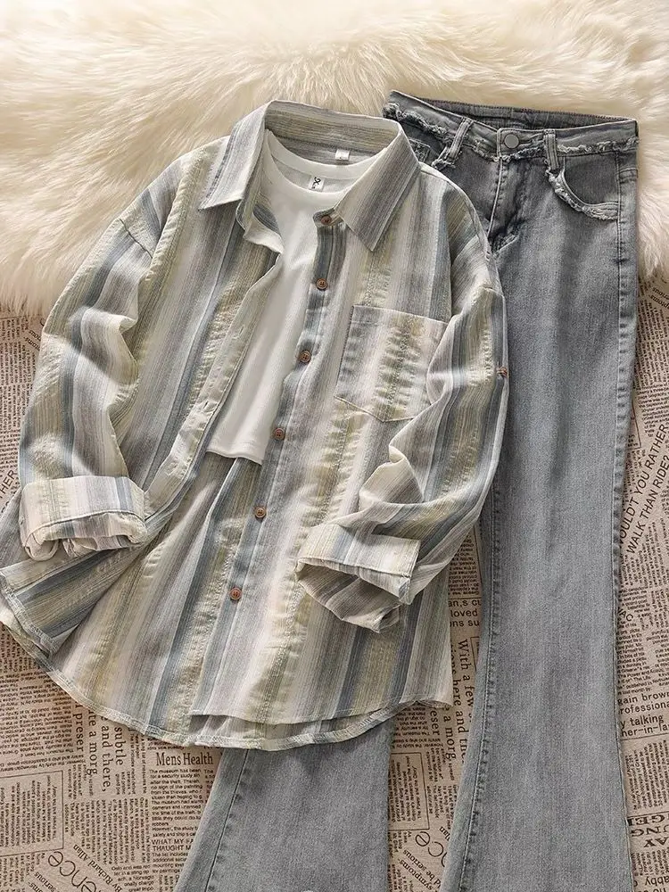Korean version women's suit lazy loose striped long sleeved shirt jacket women's design sense fringed jeans three piece set