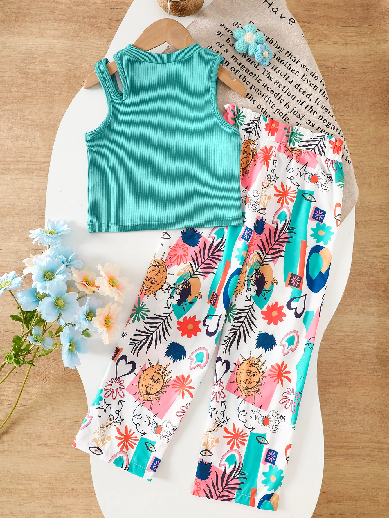 Teen Girls Summer Clothes Set Fashion Ribbed Top & Tropical Wide Leg Pants 2PCS Kids Streetwear Outfits for Party 5-14 Y