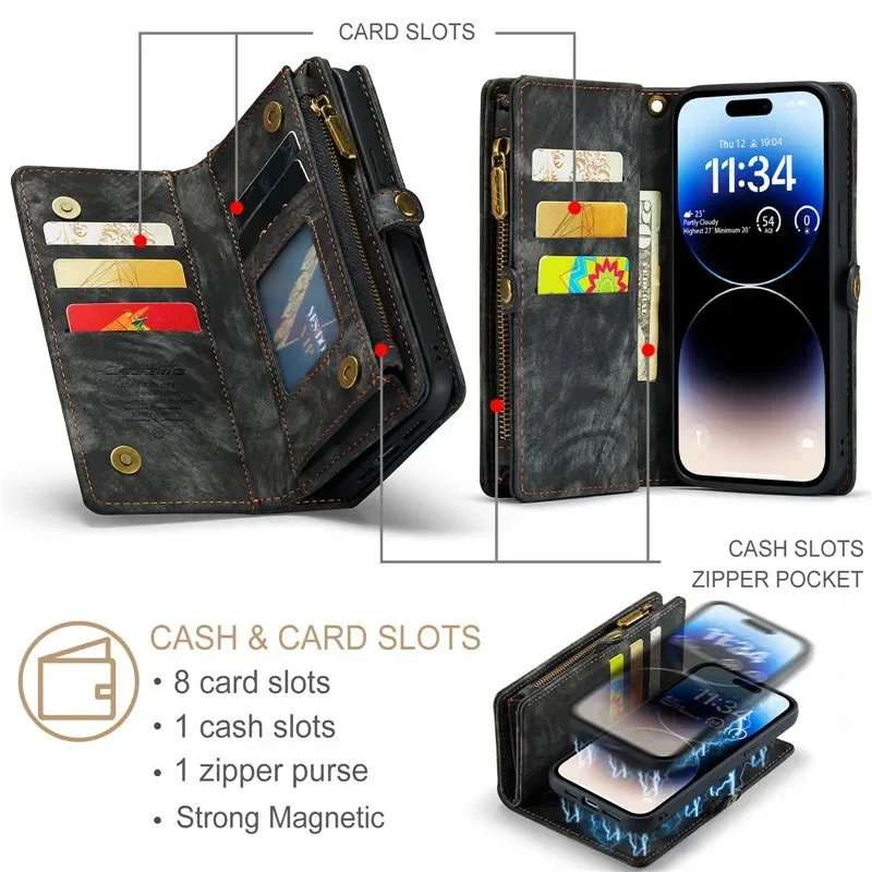 Etui z paskiem na szyję i skórzanym portfelem Caseme do iPhone 18 17 16 15 14 12 13 11 Pro Max Se2020, magnetyczne etui z zamkiem błyskawicznym, pokrowiec na karty, Hoesje — zdjęcie produktu 4