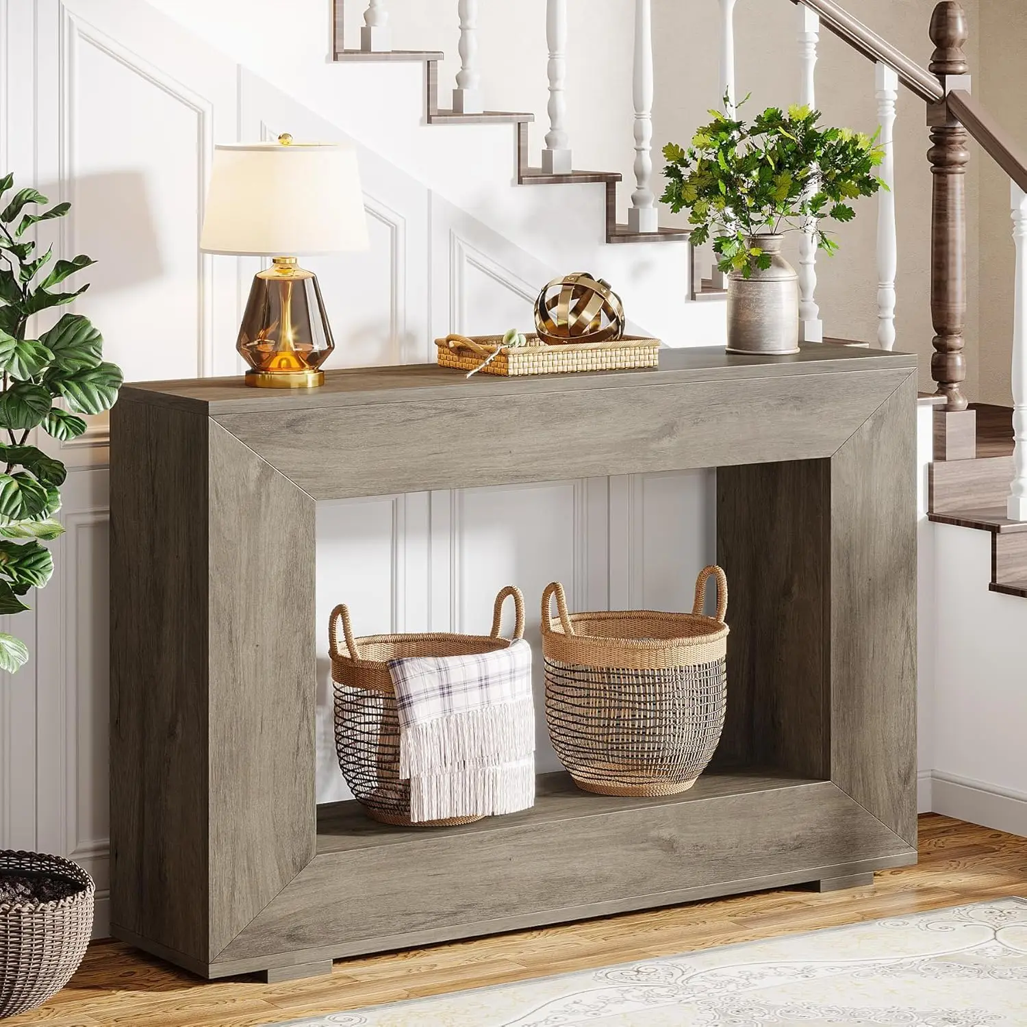 Farmhouse Console Table, 47 Hes Entryway Console Table With Storage, Industrial Hallway Accent Table For Living Room,