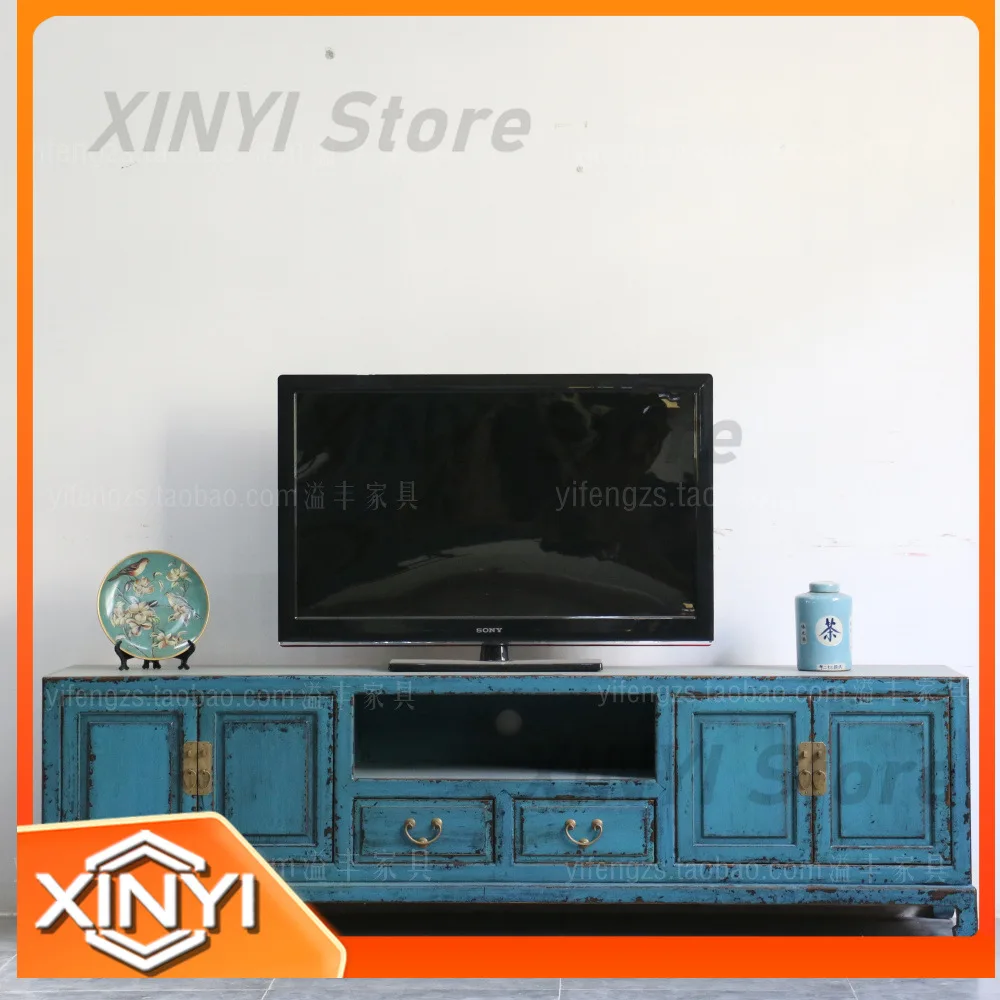 New Chinese Style TV Stand for Living Room Minimalist Retro Wooden Low Cabinet Distressed Solid Wood Console Table Entryway