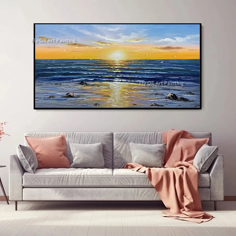 Popular Navy Blue Ocean Yellow Sunset Large Oil Painting Modern Hand Made Eiffel Tower Cityscape Canvas Wall Art Decor For Livin