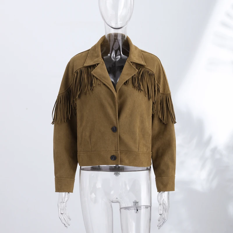 Damen-Wildlederjacken mit Übergroßem Revers und Quasten, Einreihige Kurze Mäntel, Herbst-Damenjacke mit Langen Ärmeln, Neue Oberbekleidung – Detail 4